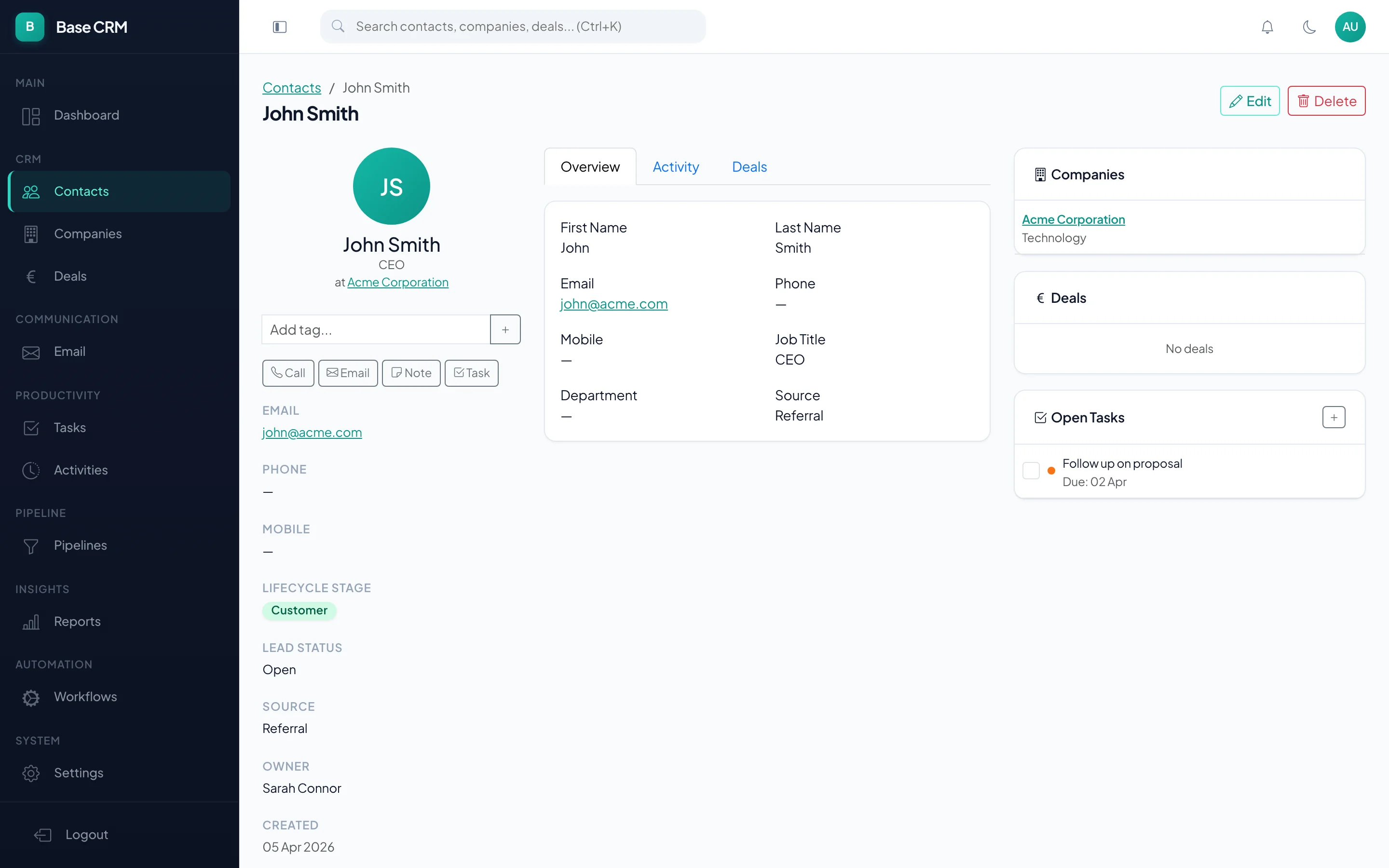 Tonic Desk contact detail with email timeline