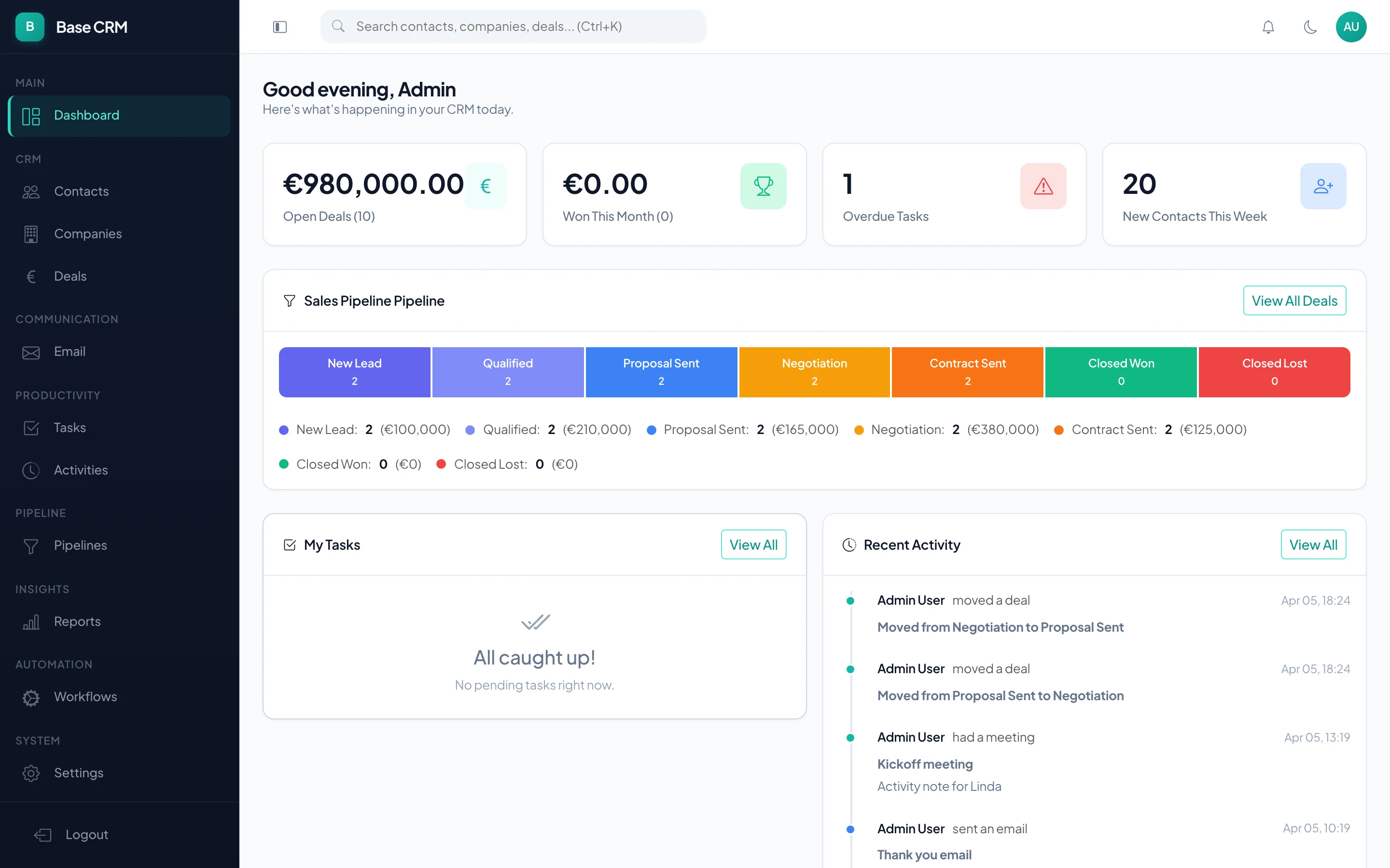 Tonic Desk dashboard showing deal pipeline and activity feed
