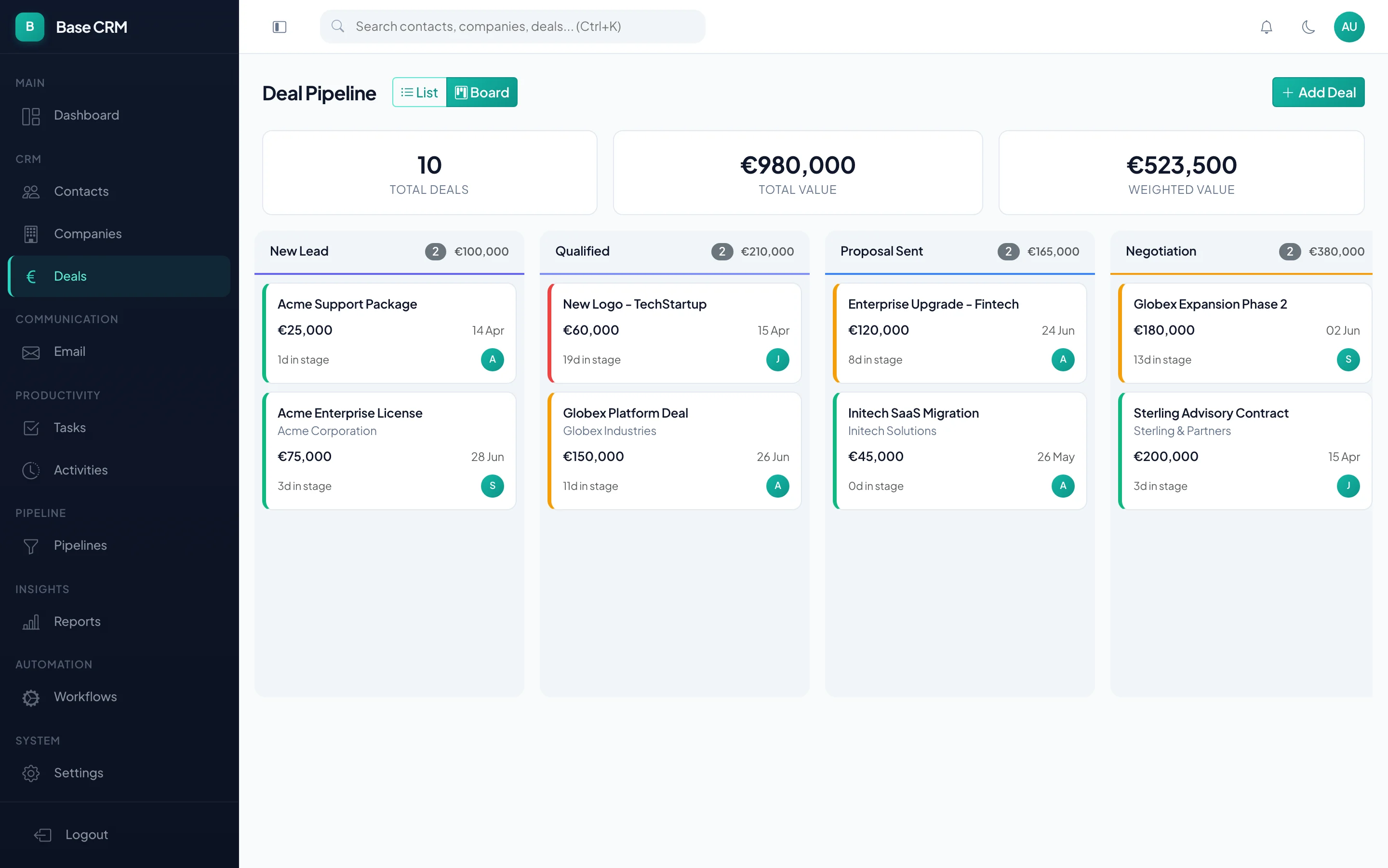 Tonic Desk deal pipeline kanban board